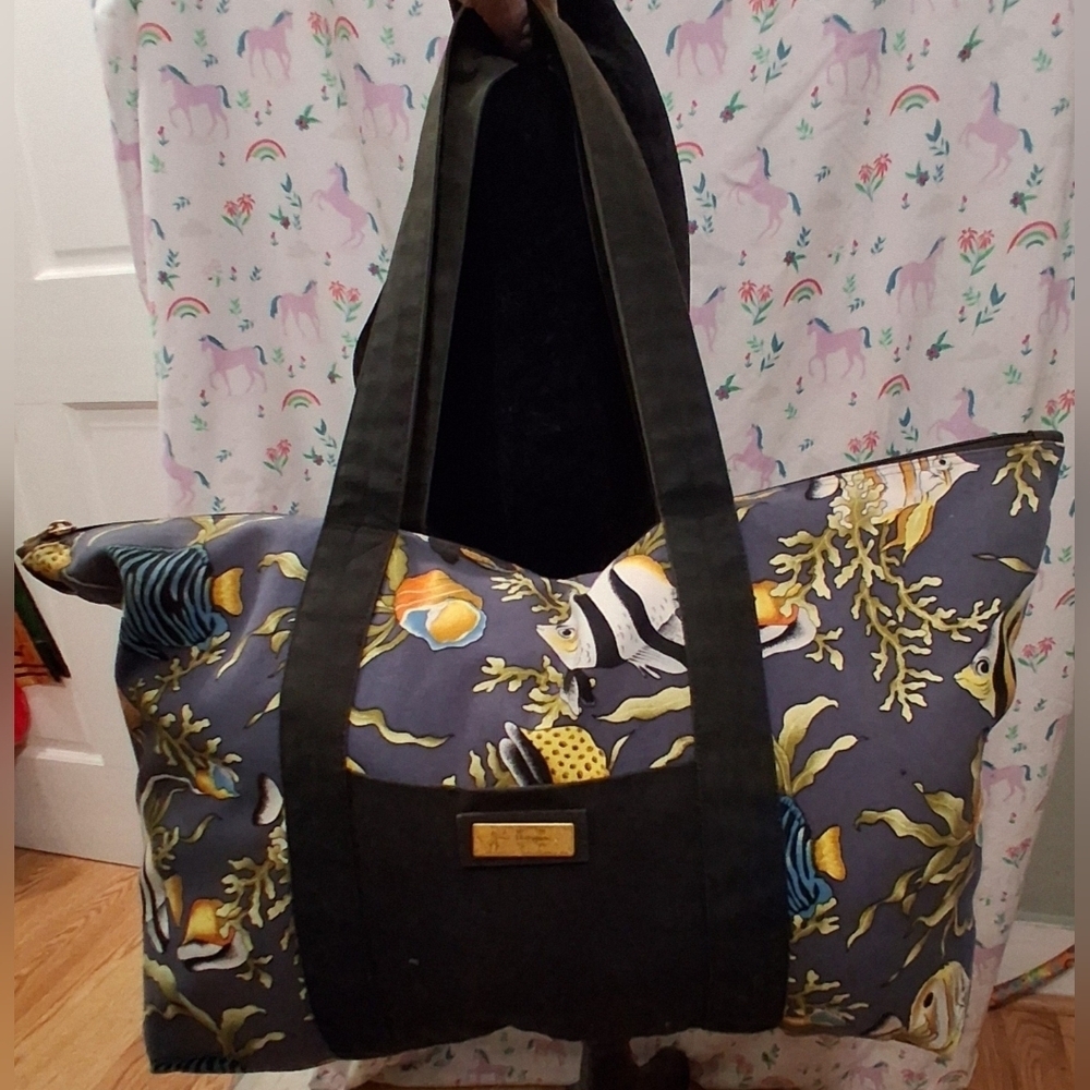 EUC Jim Thompson Navy Silk Tropical Fish Coral Reef Casual Travel Tote Purse Bag - Picture 2 of 10